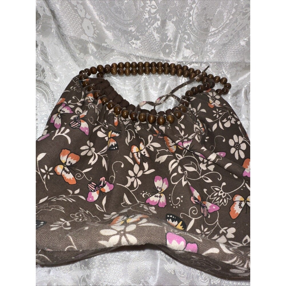 Butterfly Bag Purse Tote Canvas Brown Wood Bead Straps Boho Beach Travel